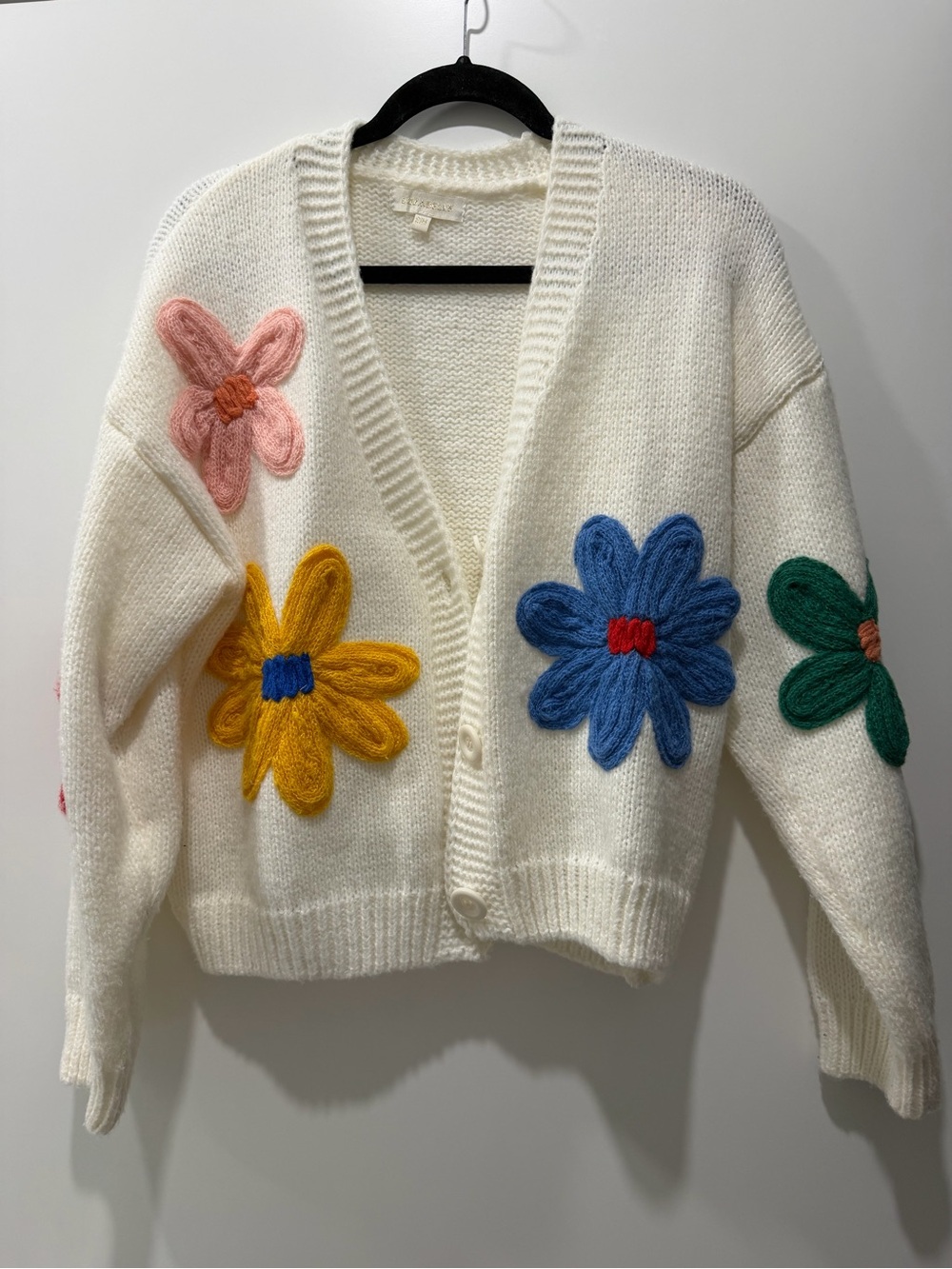 White Floral Appliqué Cardigan with Multicolor Flowers